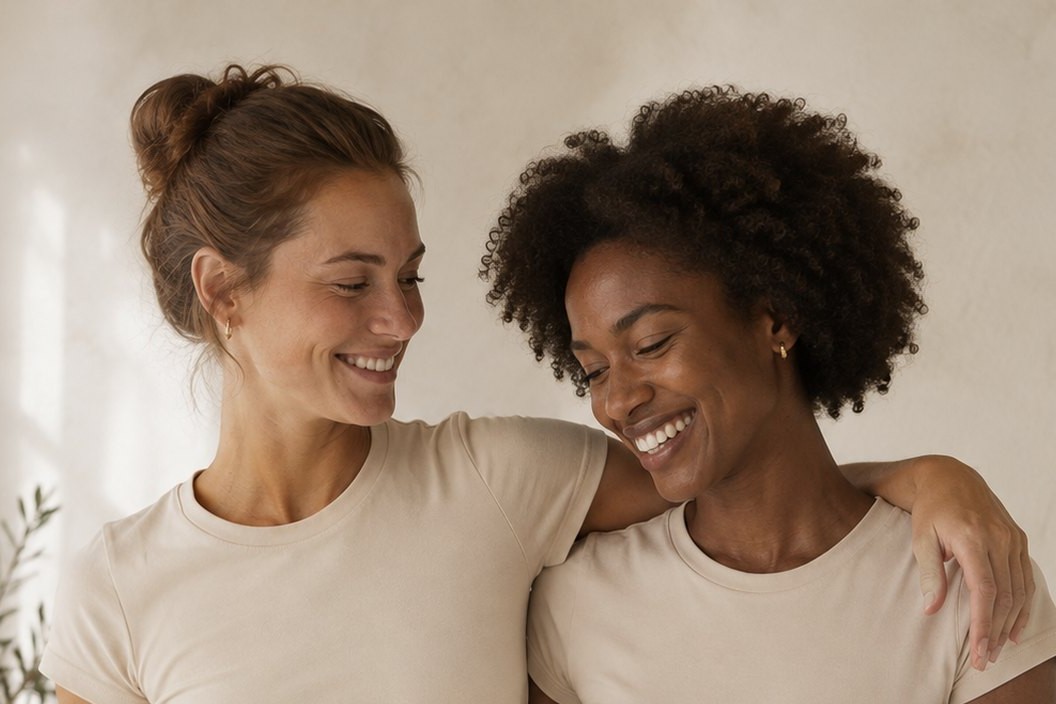Two women wearing MUNDAE shorts, laughing together